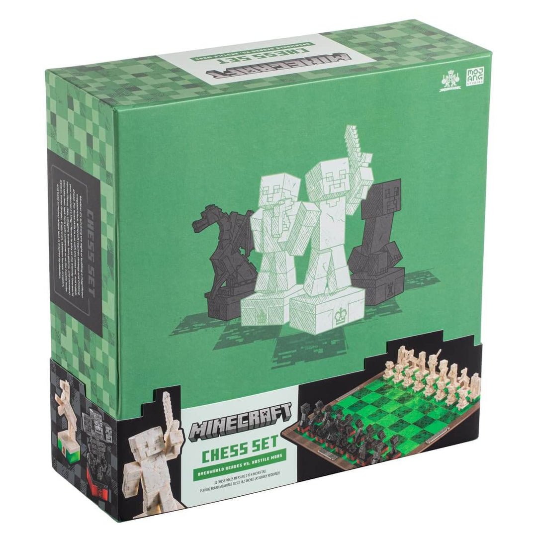 Minecraft Chess Set Overworld Heroes vs Hostile Mobs packaging showcasing themed chess pieces and game board.