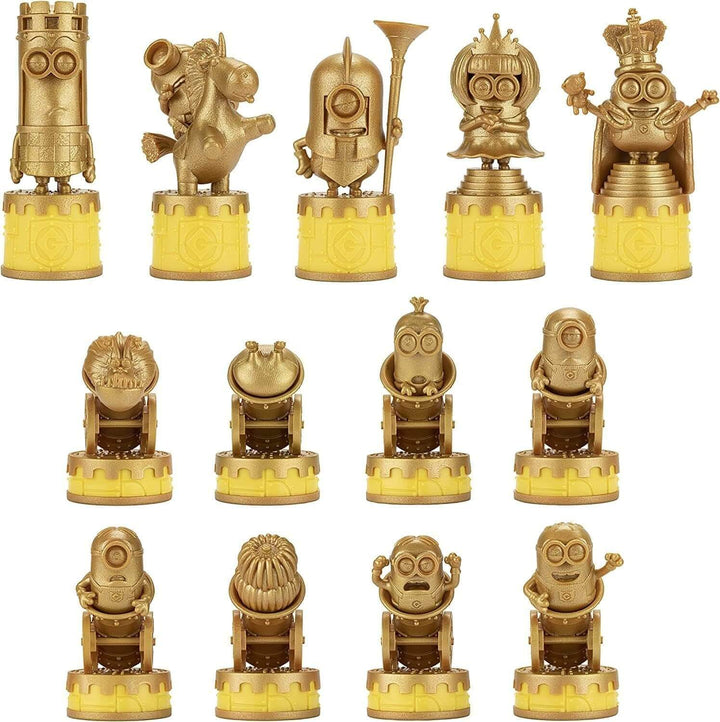 Minions Medieval Mayhem Chess Set Despicable Me featuring golden Minion chess pieces with unique designs.