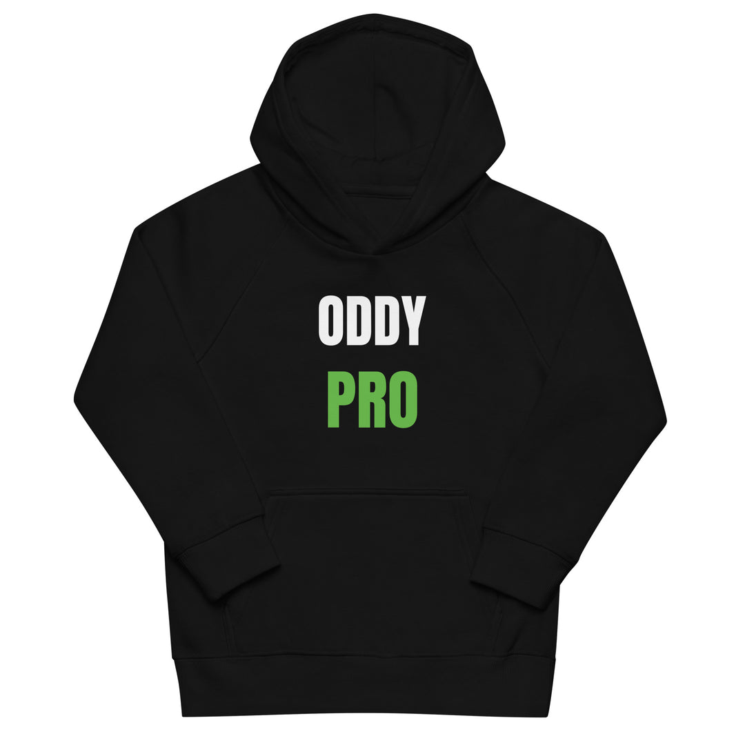 Oddy Pro Kids eco hoodie in black with white and green lettering, featuring a hood and front pouch pocket.