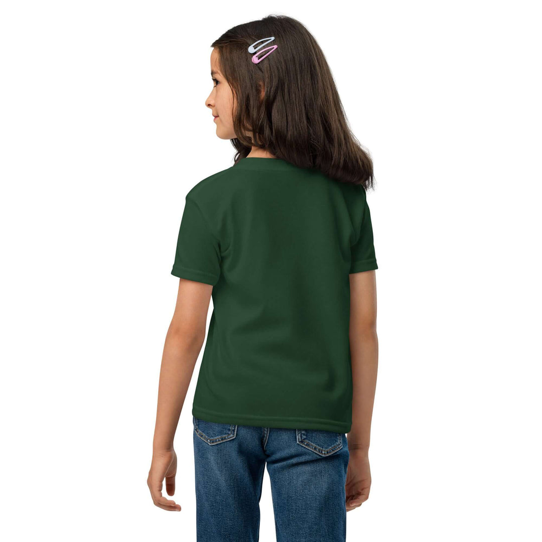 Back view of a child wearing an Oddy Pro Youth t-shirt in dark green, showcasing the modern fit and comfort.