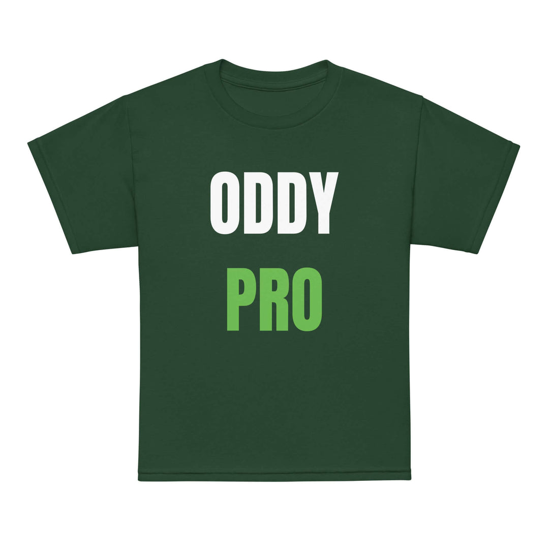 Oddy Pro Youth t-shirt in dark green with bold white and green lettering, perfect for active kids.