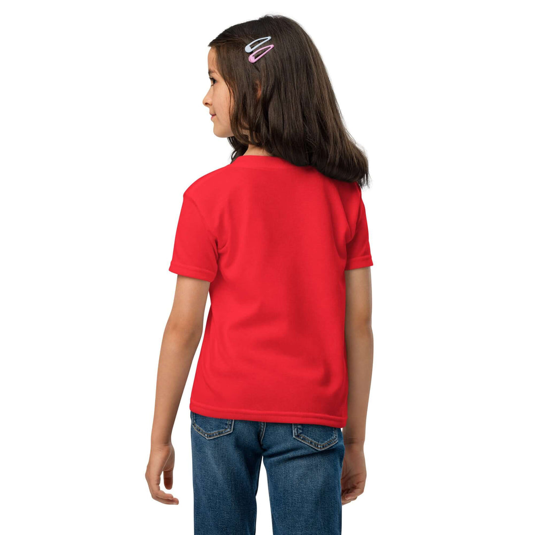 Back view of a girl wearing an Oddy Pro Youth t-shirt in red, showcasing its comfortable fit and modern style.