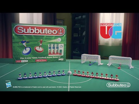 Subbuteo England Edition Main Game with table football players and game box showcasing iconic gameplay.