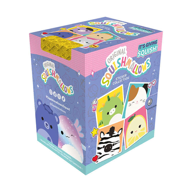 Squishmallows It's Giving Squish Sticker Collection box featuring colorful characters and fun designs.
