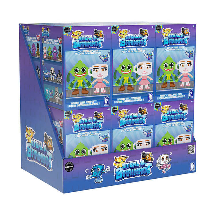 Steal A Brainrot 4" Collectible Plush display box showcasing various characters from the popular Roblox game.