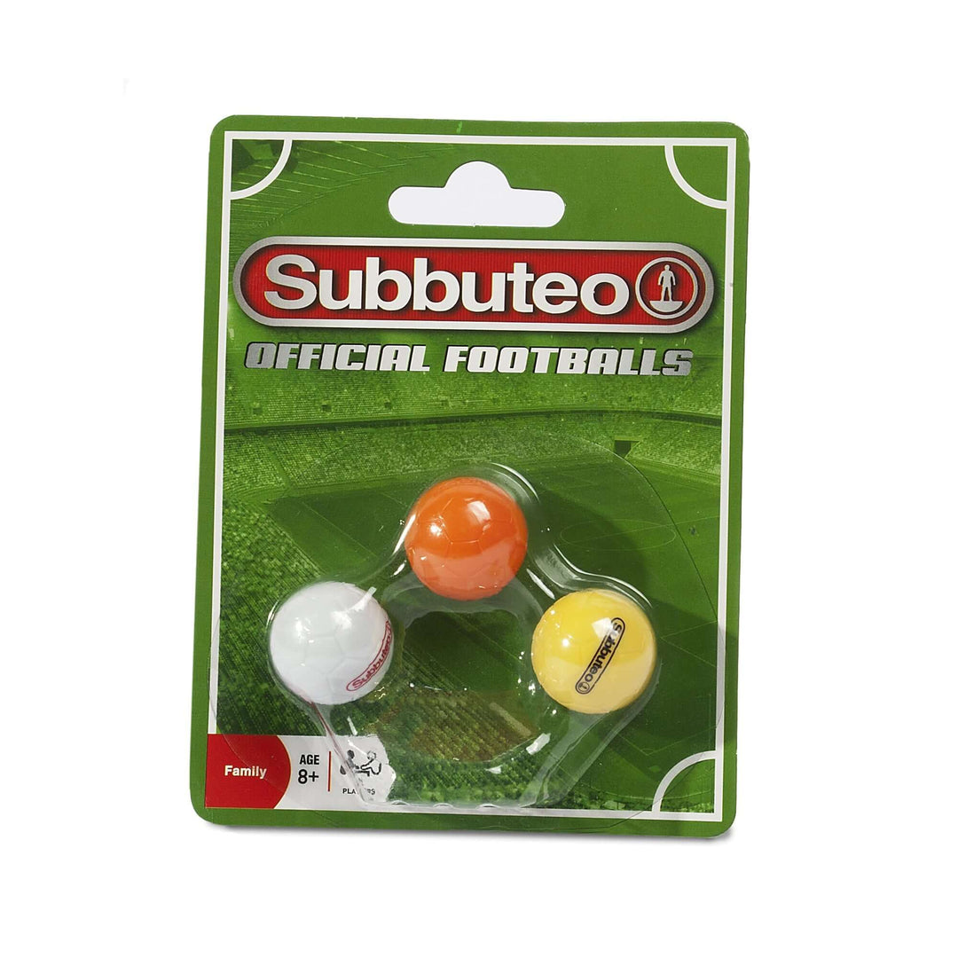 Subbuteo Balls official footballs set featuring three colorful refill balls for table football.