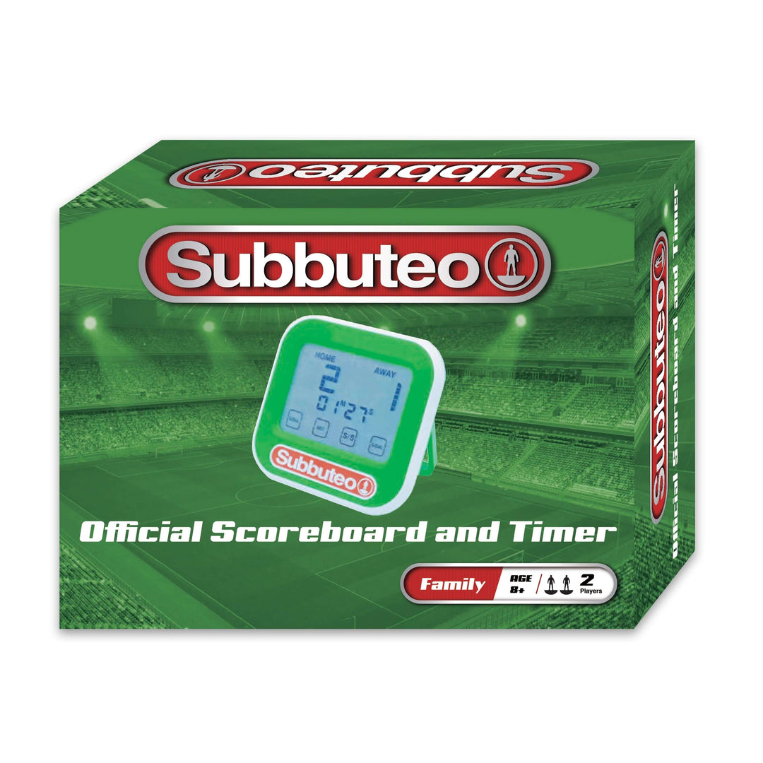Subbuteo Scoreboard & Timer packaging displaying the official scoreboard and timer for family fun.