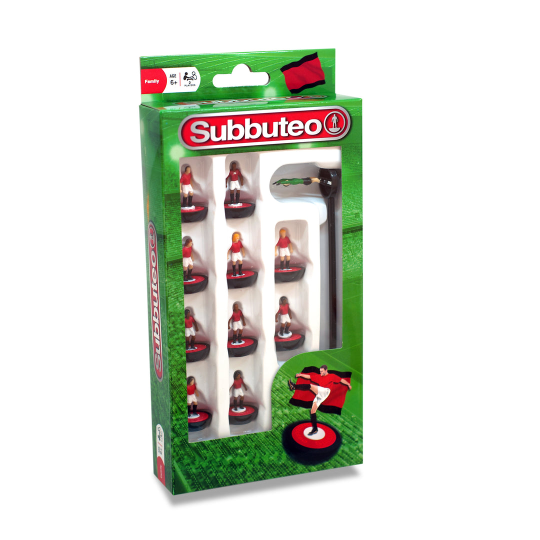 Subbuteo Red White and Black Kit Players in packaging with 10 player figures and accessories on a green football pitch.