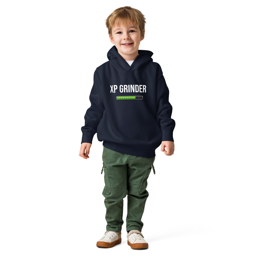 XP Grinder Toddler fleece pullover hoodie worn by a smiling child, showcasing a soft fleece design.