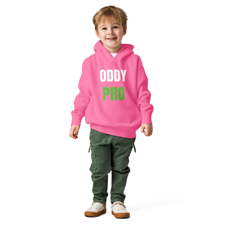 Oddy Pro Toddler fleece pullover hoodie displayed on a smiling child in a pink hoodie and green pants.