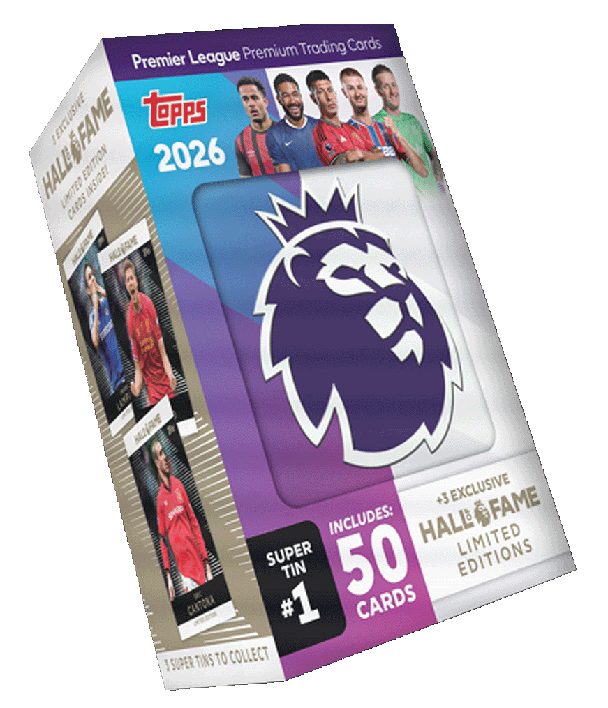 Topps Premier League 2026 Super Tin featuring 50 trading cards and Hall of Fame editions.