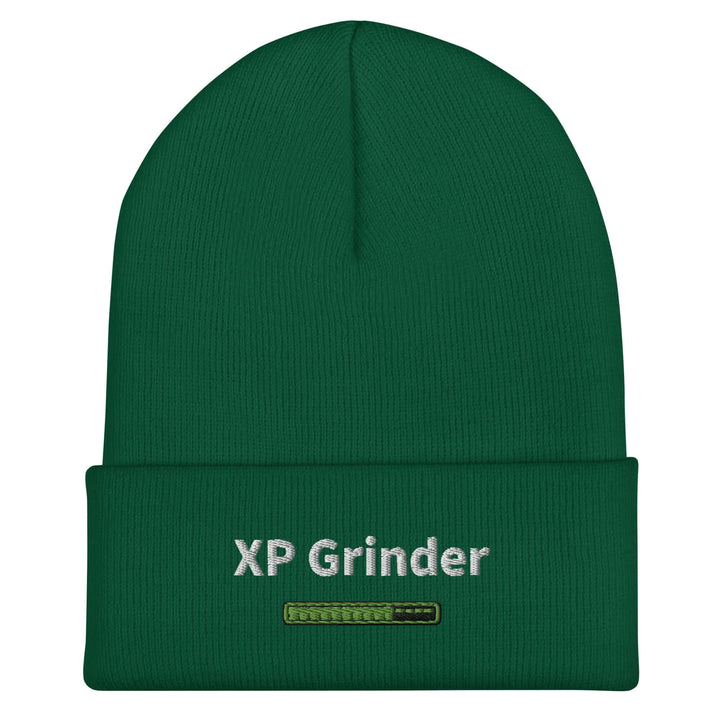 XP Grinder Cuffed Beanie in green color with embroidered logo, perfect for warmth and style.