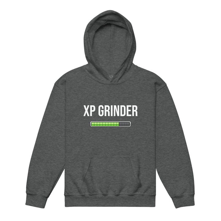 XP Grinder Youth heavy blend hoodie with battery level graphic on a gray background.