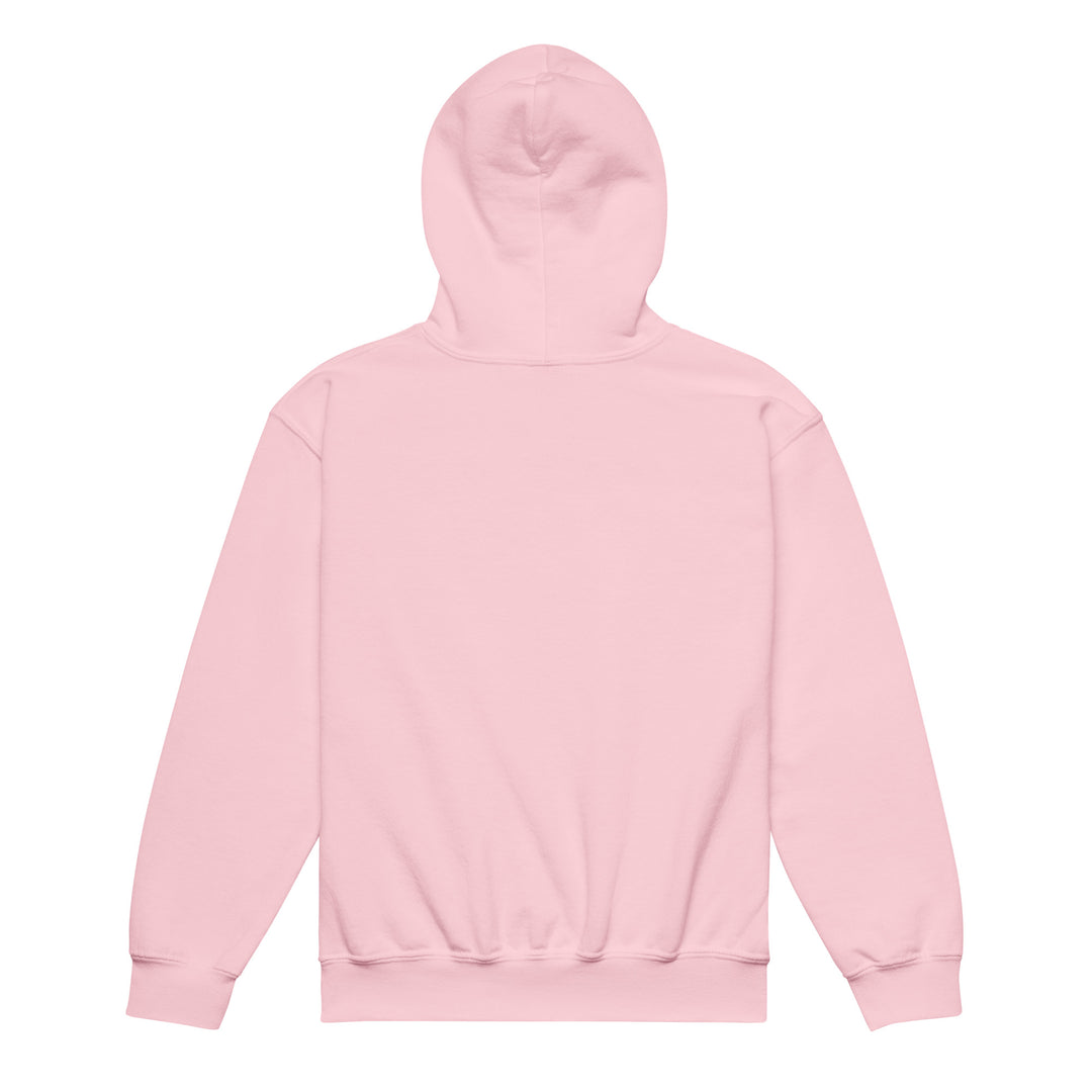 Back view of XP Grinder Youth heavy blend hoodie in pink, showcasing its comfortable and durable design.