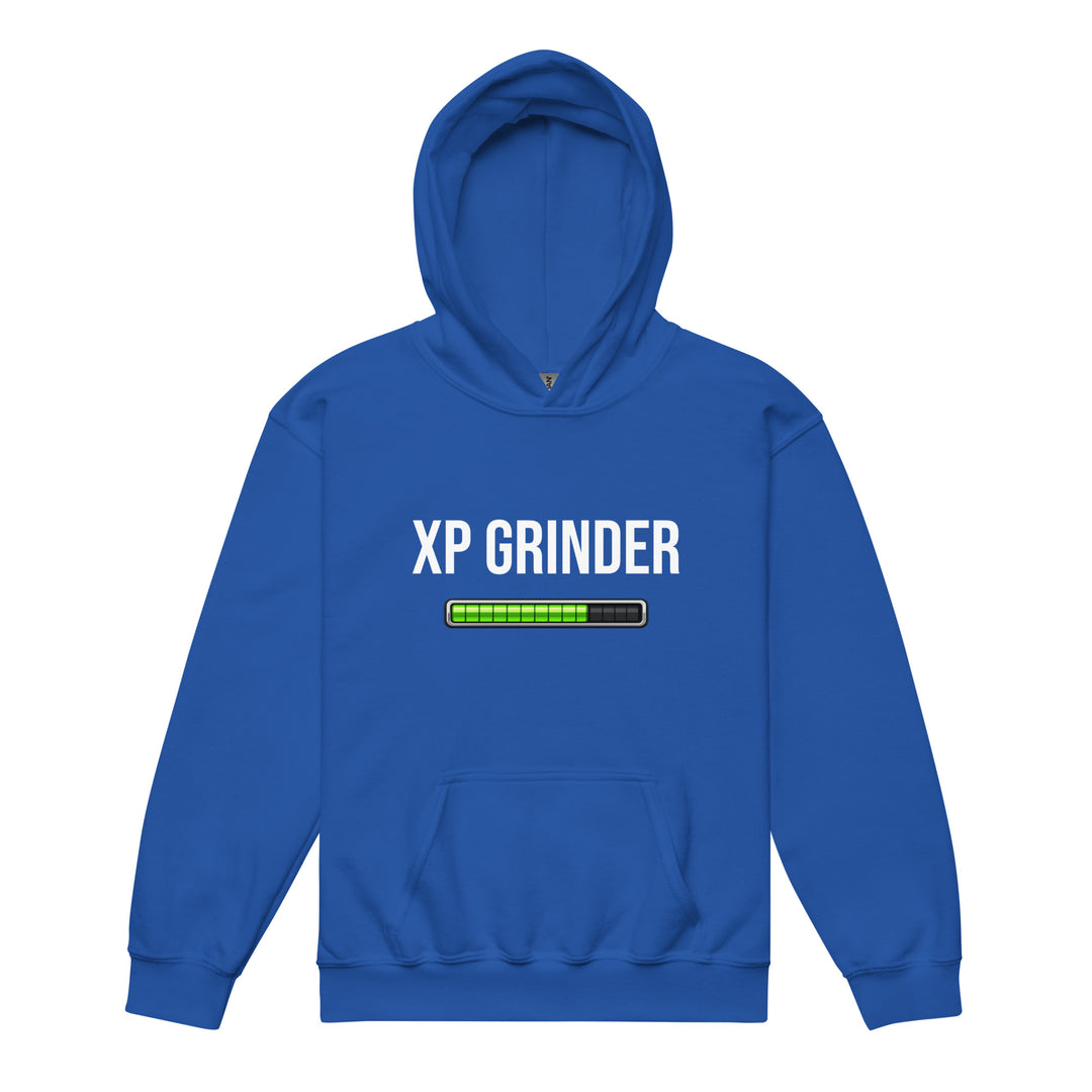 XP Grinder Youth heavy blend hoodie in blue featuring progress bar design on front.