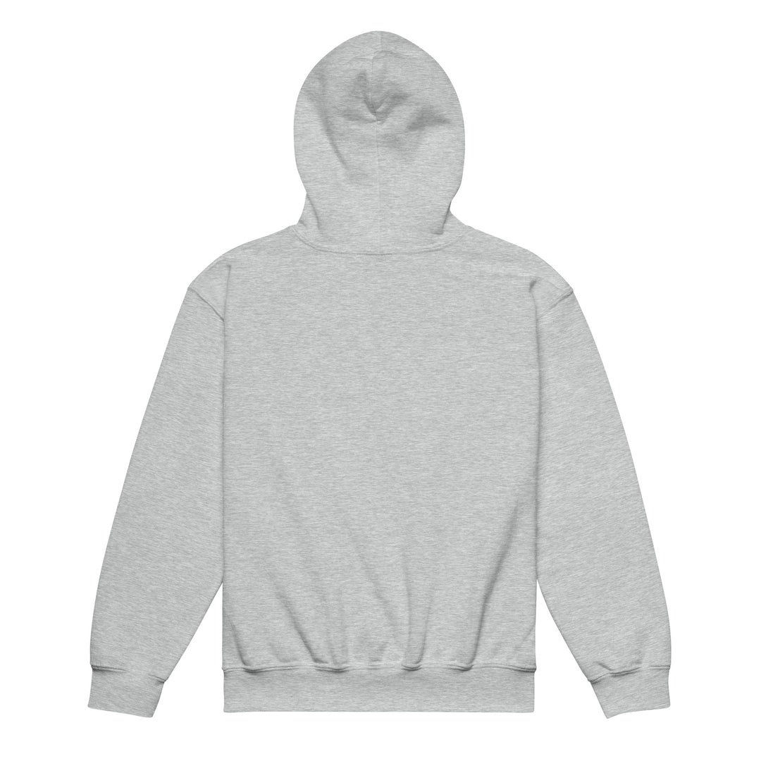 Back view of the XP Grinder Youth heavy blend hoodie in light gray color, showcasing the hood design.
