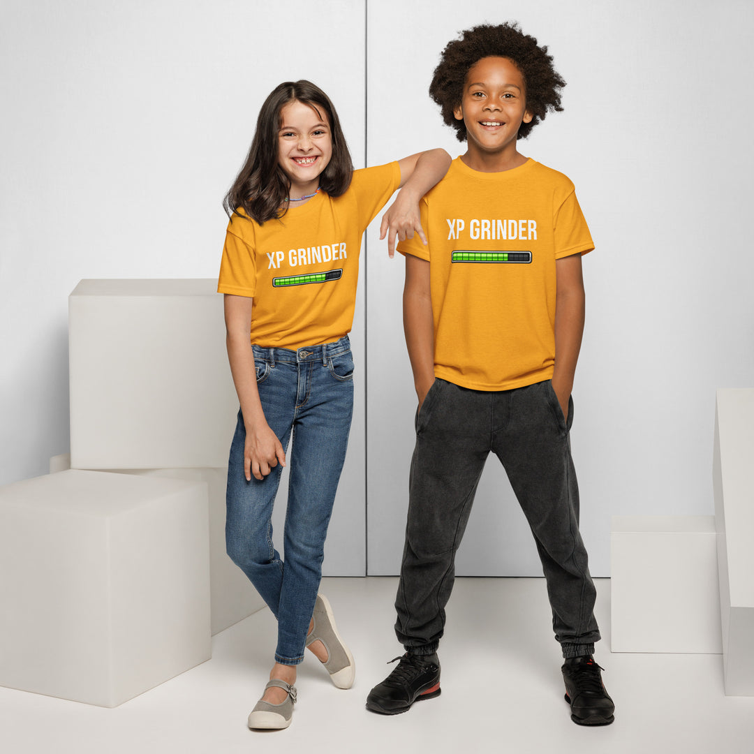 Two kids wearing XP Grinder Youth t-shirt in yellow, showcasing its modern fit and comfort for active days.